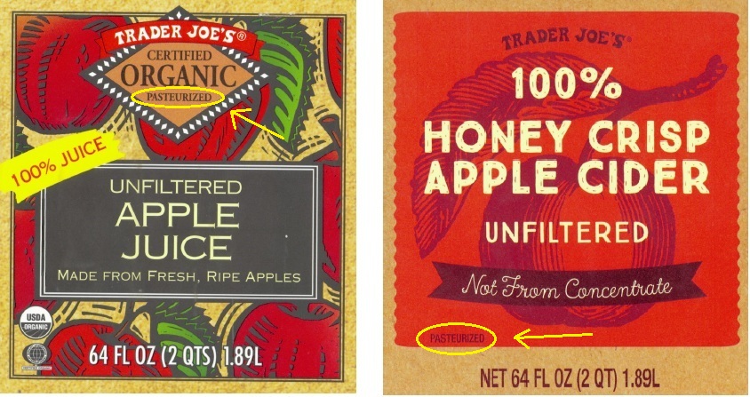 Trader Joe's Unfiltered Apple Juice and 100% Honey Crisp Apple Cider (Pasteurized)