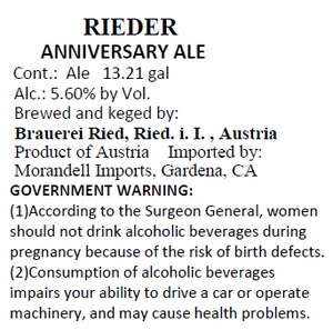 Rieder Anniversary Ale July 2013