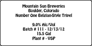 Mountain Sun Breweries Number One Belgian-style Tripel November 2013