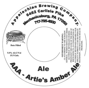 Appalachian Brewing Co Aaa - Artie's Amber Ale September 2014