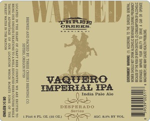 Three Creeks Brewing Company Vaquero Imperial IPA September 2014