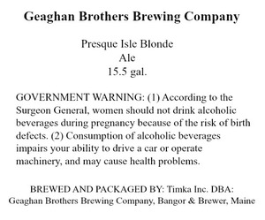 Geaghan Brothers Brewing Company Presque Isle Blonde