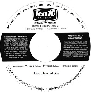 Ten10 Brewing Co Lion Hearted Ale September 2015