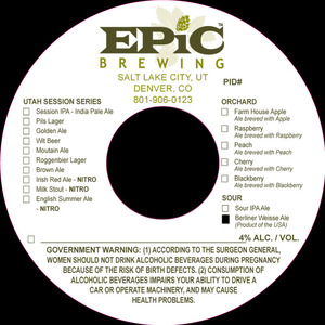 Epic Brewing Utah Session Series Berliner Weisse Ale