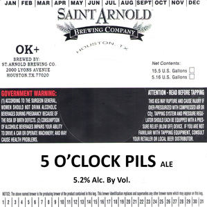 Saint Arnold Brewing Company 5 O'clock Pils January 2016