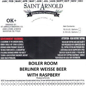 Saint Arnold Brewing Company Boiler Room Berliner Weisse W/ Raspberry March 2016