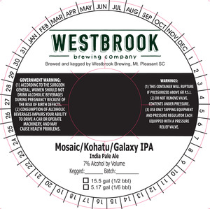 Westbrook Brewing Company Mosaic/kohatu/galaxy IPA April 2016