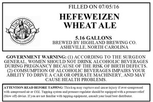 Highland Brewing Co. Hefeweizen Wheat August 2016