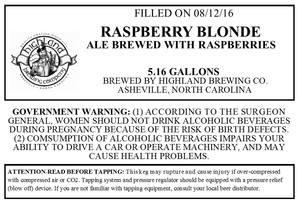 Highland Brewing Co. Raspberry Blonde September 2016