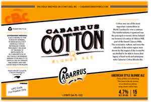 Cabarrus Brewing Co Cabarrus Cotton Blonde Ale September 2016