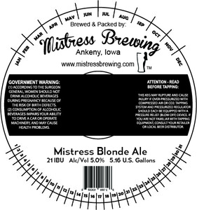 Mistress Brewing Company Blonde Ale September 2016