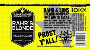 Rahr & Sons Brewing Co., LP Rahr's Blonde January 2017