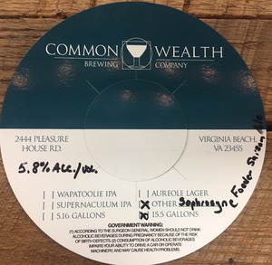 Commonwealth Brewing Company Sophrosyne Foeder Saison Ale