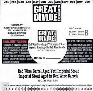 Great Divide Brewing Company Red Wine Barrel Aged Yeti Imperial Stout March 2017