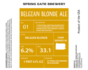 Spring Gate Brewery Belgian Blonde Ale March 2017
