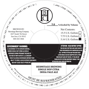 Hermitage Brewing Single Hop Citra IPA March 2017