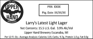 Upper Hand Brewery Larry's Latest Light Lager March 2017