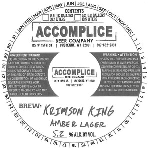 Accomplice Beer Company Krimson King Amber Lager May 2017