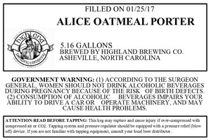 Highland Brewing Co Alice Oatmeal Porter May 2017