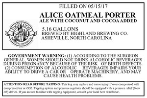 Highland Brewing Co Alice Oatmeal Porter May 2017