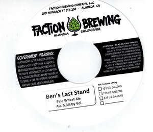 Faction Brewing Ben's Last Stand Pale Wheat Ale June 2017
