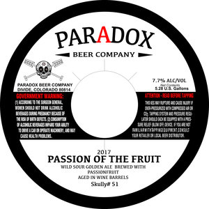 Paradox Beer Company Passion Of The Fruit July 2017