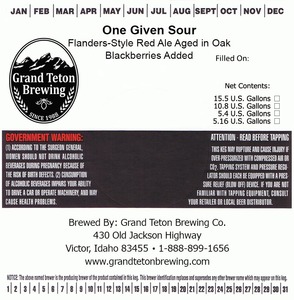 Grand Teton Brewing Company One Given Sour August 2017
