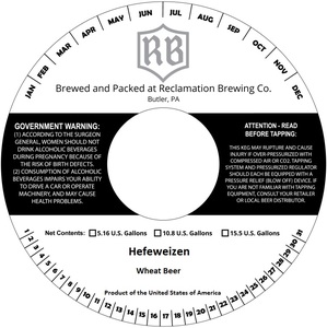 Reclamation Brewing Company Hefeweizen September 2017
