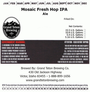 Grand Teton Brewing Company Mosaic Fresh Hop IPA October 2017