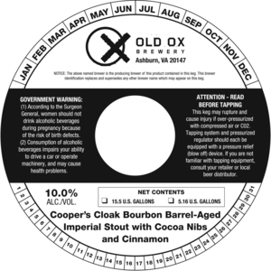 Old Ox Brewery Cooper's Cloak Bourbon Barrel-aged Imperial Stout With Cocoa Nibs And Cinnamon January 2020