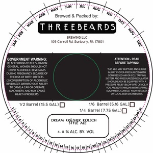 Three Beards Brewing LLC Dream KrÜsher Kolsch March 2020