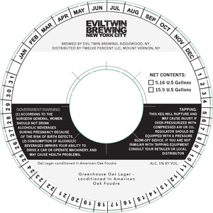 Eviltwin Brewing New York City Greenhouse Oat Lager - Conditioned In American Oak Foudre