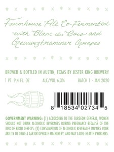 Jester King Farmhouse Ale Co-fermented With Blanc Du Bois And Gewurztraminer Grapes