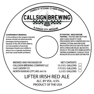 Callsign Brewing Company Lifter Irish Red Ale April 2020