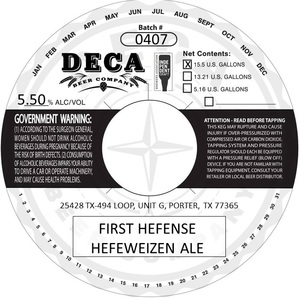 Deca Beer Company First Hefense Hefeweizen Ale April 2022