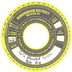 Birmingham District Brewing Co. Cold Blooded India Pale Ale April 2022