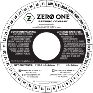 Zero One Brewing Company Rhinestone Blonde Ale August 2022