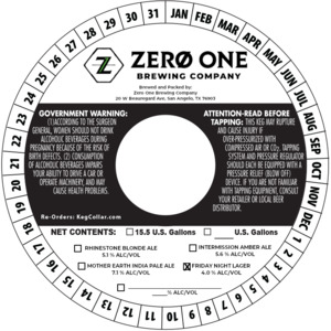 Zero One Brewing Company Friday Night Lager August 2022