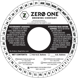 Zero One Brewing Company Milky Milky Cocoa Milk Stout August 2022