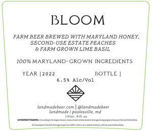 Bloom Farm Beer Brewed With Maryland Honey, Second-use Estate Peaches, & Farm Grown Lime Basil January 2023