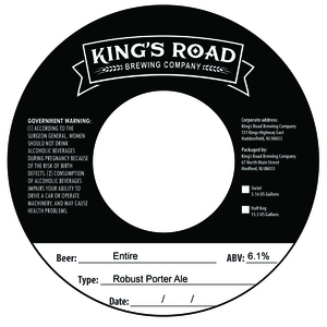 King's Road Brewing Company Entire Robust Porter Ale January 2023