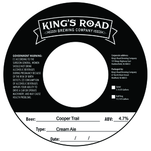 King's Road Brewing Company Cooper Trail Cream Ale February 2023