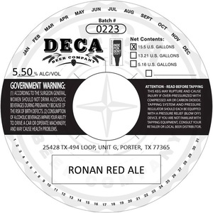 Deca Beer Company Ronan Red Ale February 2023