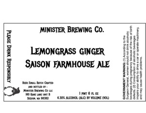Minister Brewing Co. Lemongrass Ginger Saison Farmhouse Ale March 2023