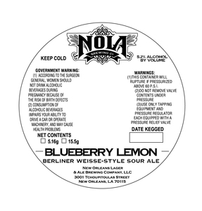 Nola Brewing Blueberry Lemon Berliner Weisse-style Sour Ale April 2023