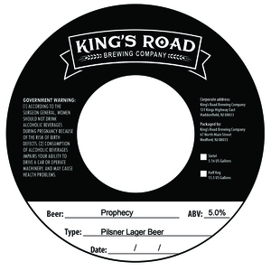 King's Road Brewing Company Prophecy Pilsner Lager Beer
