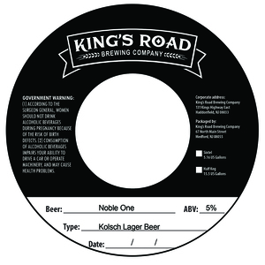 King's Road Brewing Company Noble One Kolsch Lager Beer April 2023