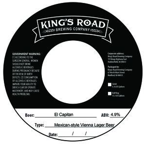 King's Road Brewing Company El Capitan Mexican-style Vienna Lager Beer