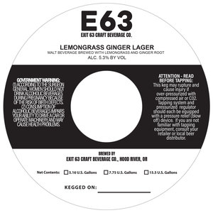 Exit 63 Craft Beverage Co E63 Lemongrass Ginger Lager April 2023