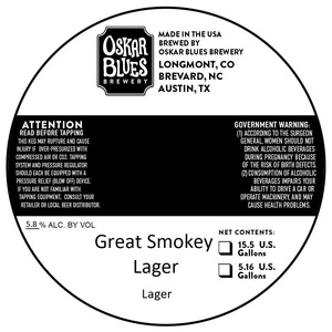 Oskar Blues Brewery Great Smokey Lager May 2023